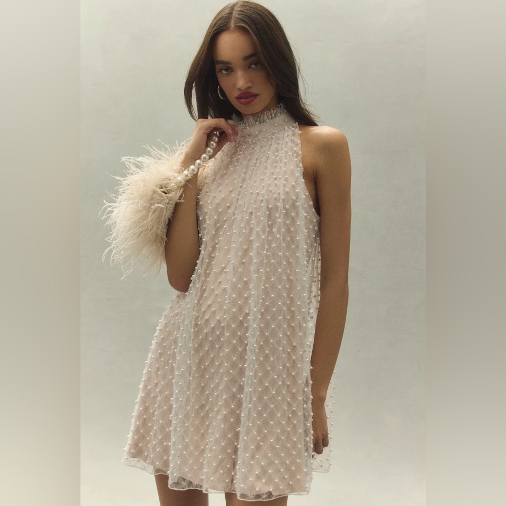 Tadashi Shoji Milena Allover Pearl Halter Mini Dress